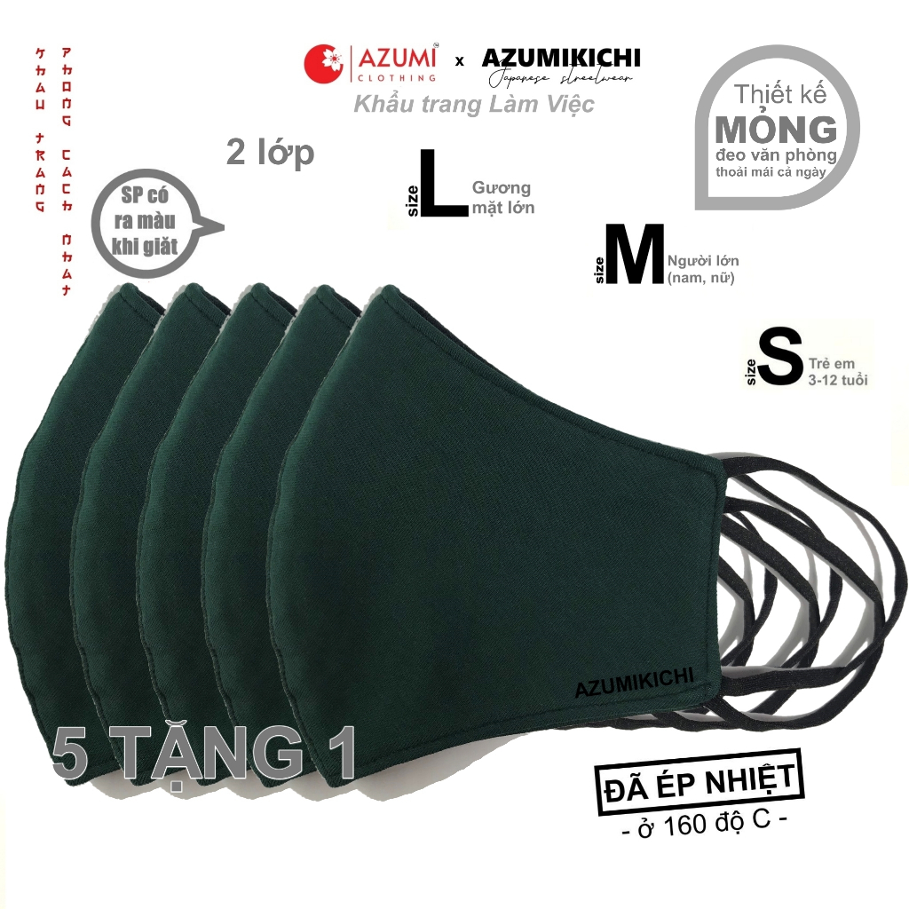 Khẩu trang vải cotton màu xanh rêu Combo 5 tặng 1, khau trang 3D 2 lớp thoáng mát đeo đi du lịch phượt Azumikichi A6M5