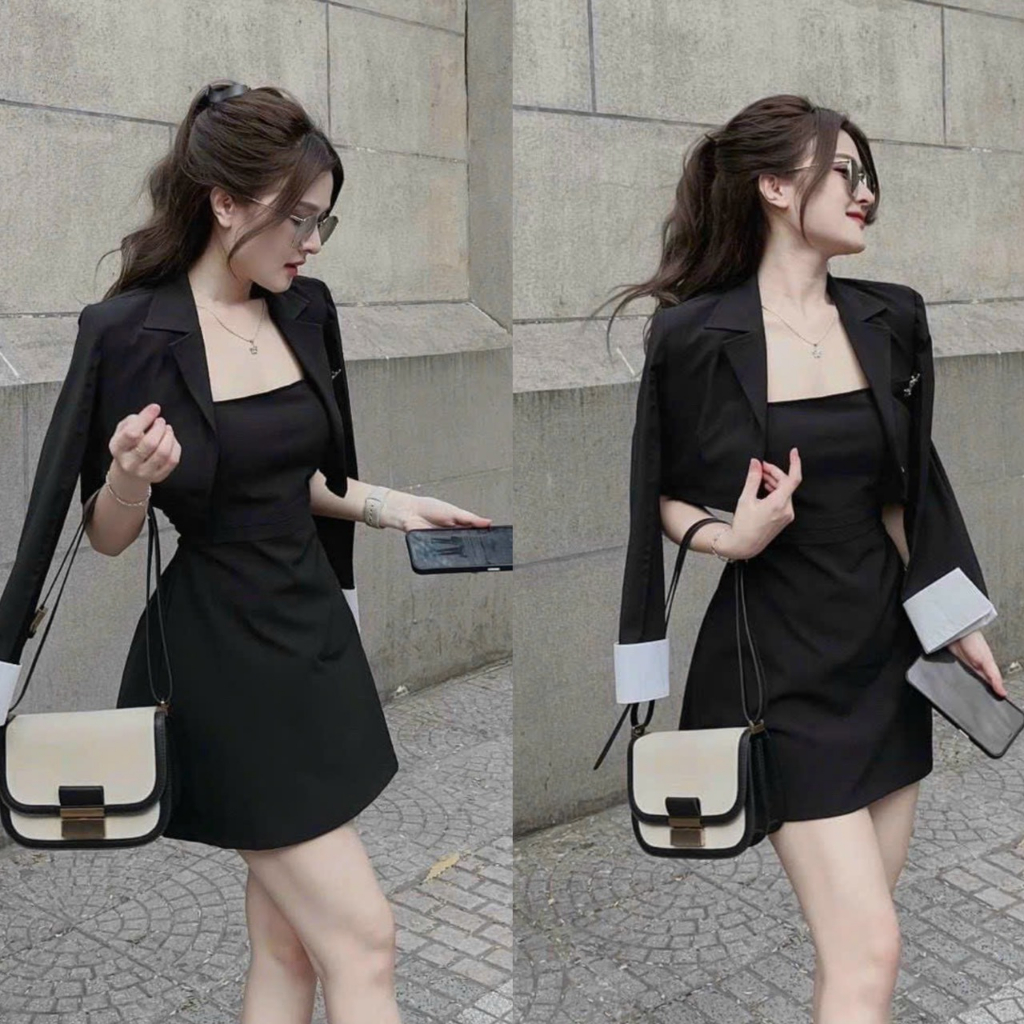 Set đầm váy hai dây mix áo khoác vest croptop sang chanh thanh lịch phong cách hàn quốc