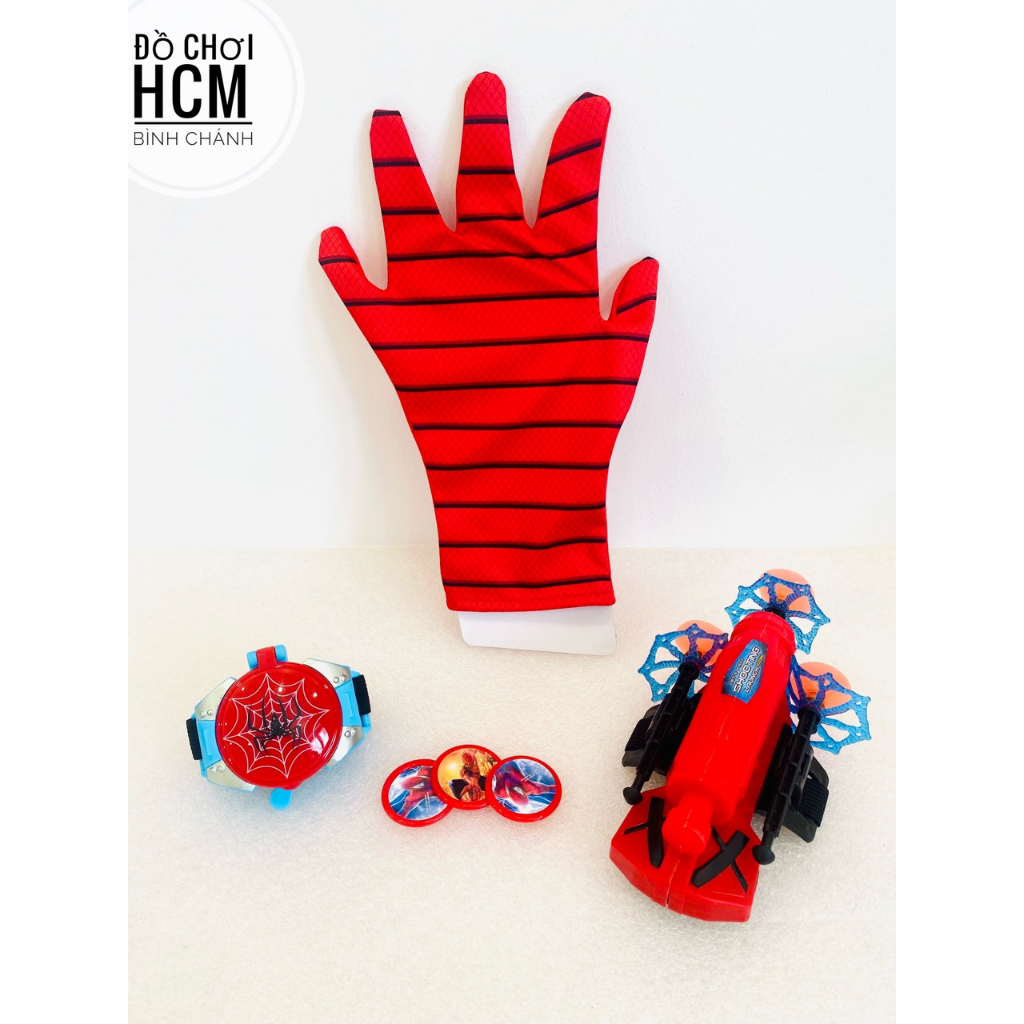 Đồ chơi trẻ em đồng hồ găng tay người nhện spider man bắn xèng, phóng mũi tên cao su đầu hít silicon