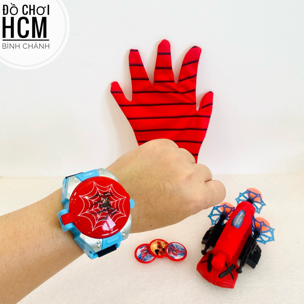 Đồ chơi trẻ em đồng hồ găng tay người nhện spider man bắn xèng, phóng mũi tên cao su đầu hít silicon