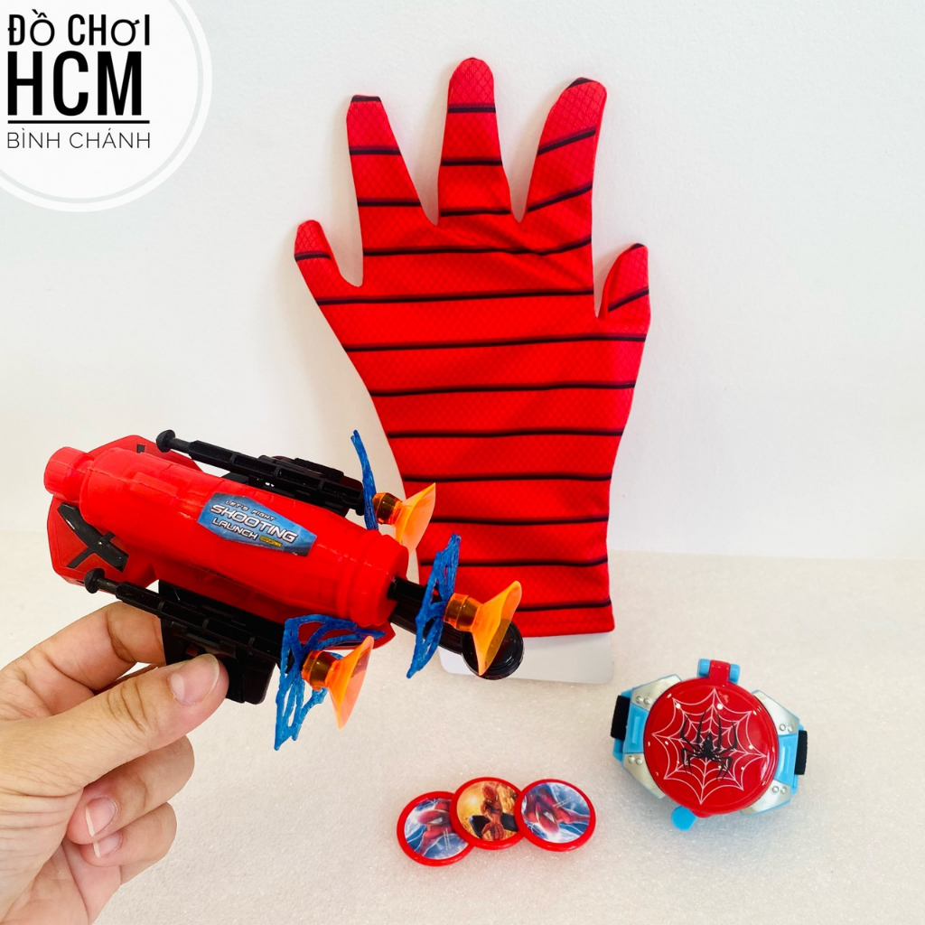 Đồ chơi trẻ em đồng hồ găng tay người nhện spider man bắn xèng, phóng mũi tên cao su đầu hít silicon