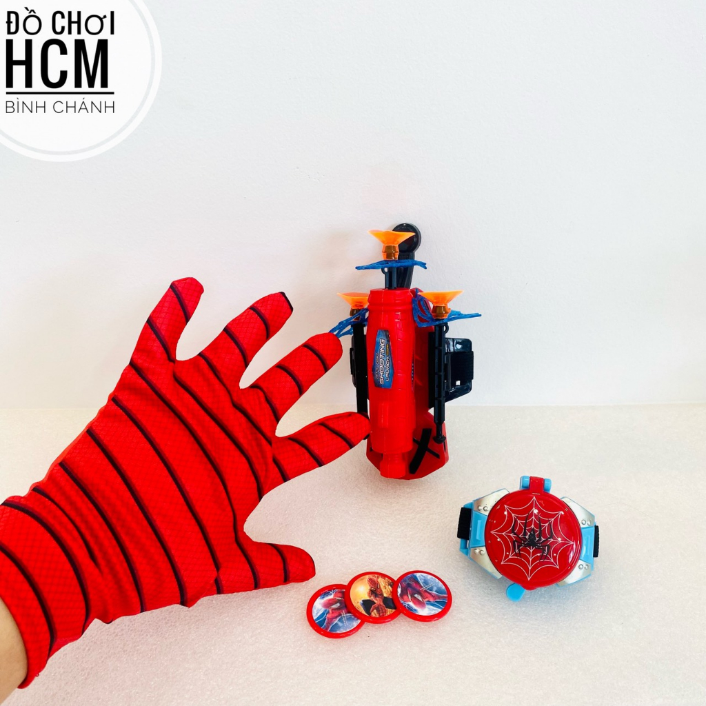 Đồ chơi trẻ em đồng hồ găng tay người nhện spider man bắn xèng, phóng mũi tên cao su đầu hít silicon