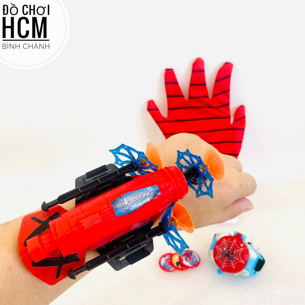 Đồ chơi trẻ em đồng hồ găng tay người nhện spider man bắn xèng, phóng mũi tên cao su đầu hít silicon