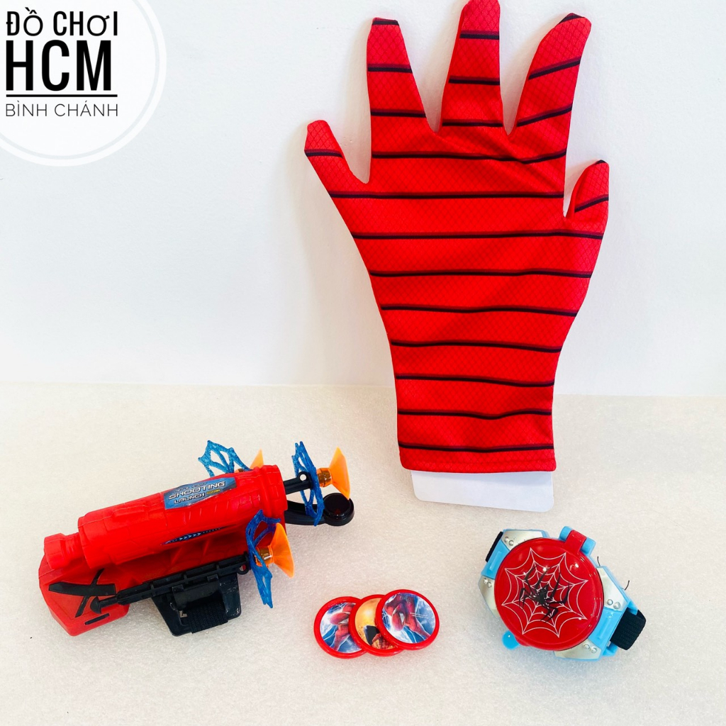 Đồ chơi trẻ em đồng hồ găng tay người nhện spider man bắn xèng, phóng mũi tên cao su đầu hít silicon