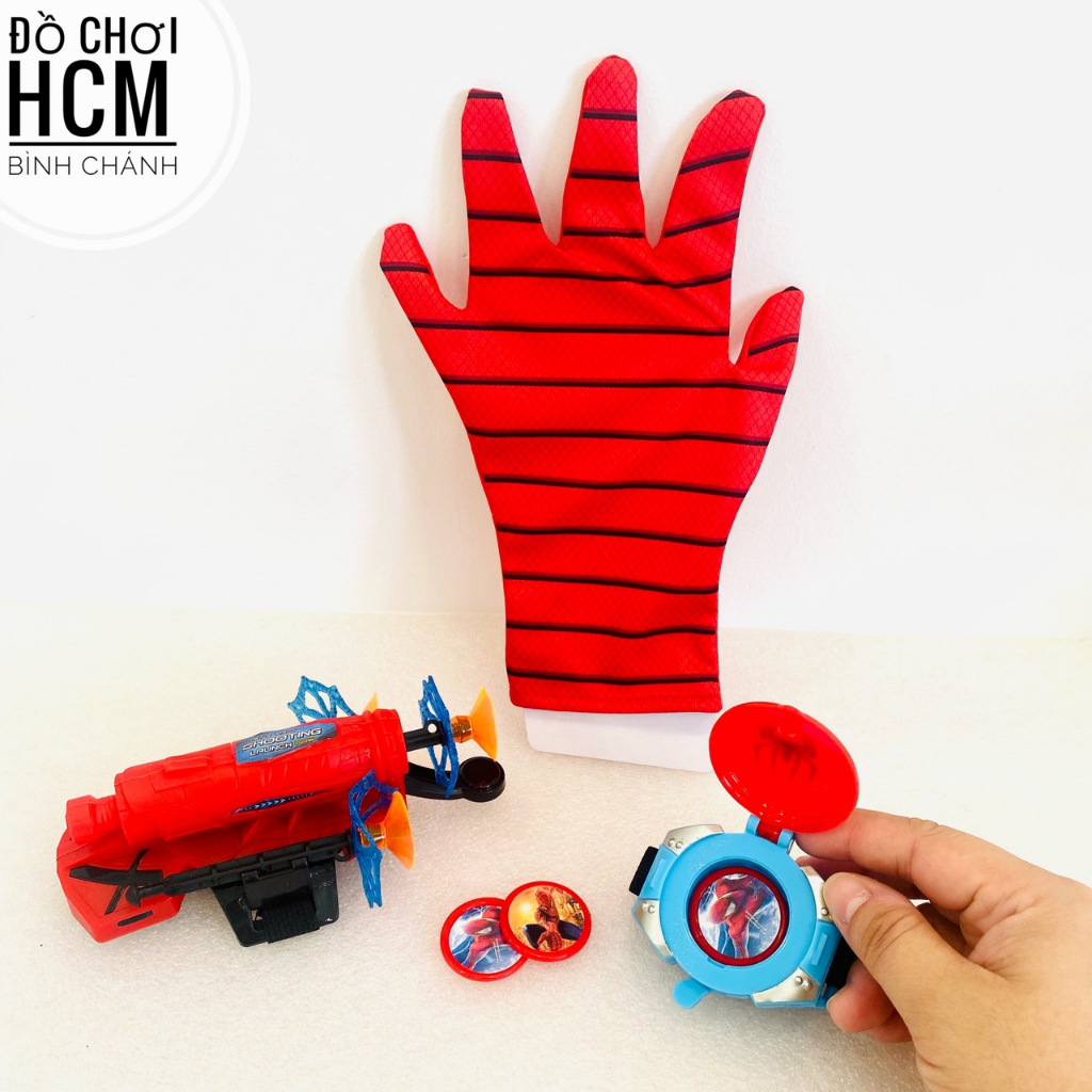 Đồ chơi trẻ em đồng hồ găng tay người nhện spider man bắn xèng, phóng mũi tên cao su đầu hít silicon