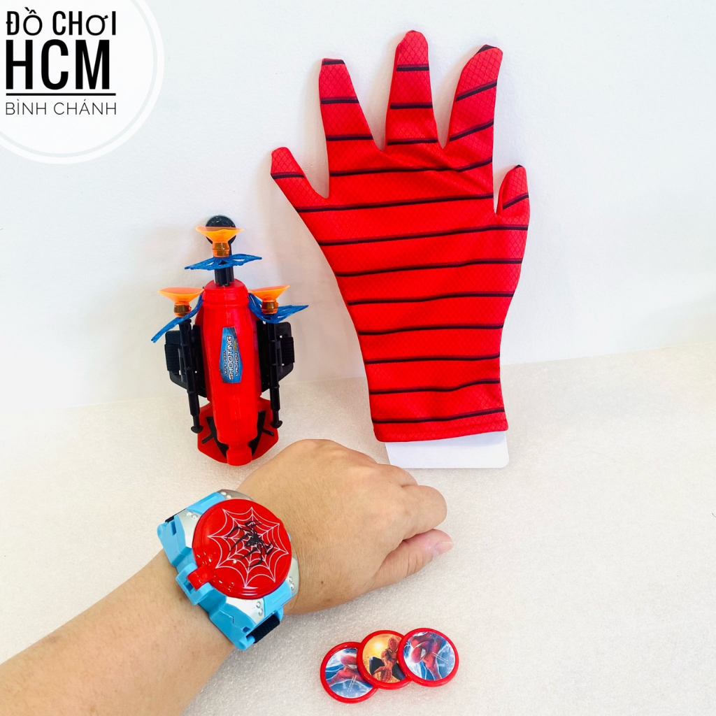 Đồ chơi trẻ em đồng hồ găng tay người nhện spider man bắn xèng, phóng mũi tên cao su đầu hít silicon