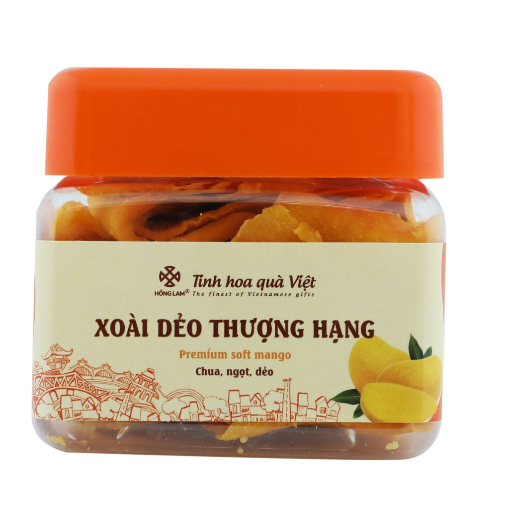 Xoài dẻo thượng hạng Hồng Lam, dạng hộp (200gr, 250gr, 500gr) và gói (200gr). Có vị chua, ngọt, dẻo