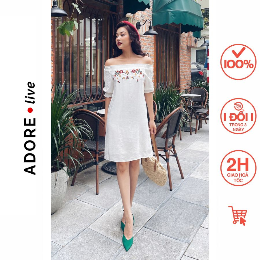 Đầm Mini dresses cổ trễ đũi xước trơn trắng thêu ngực 321DR1080  ADORE DRESS