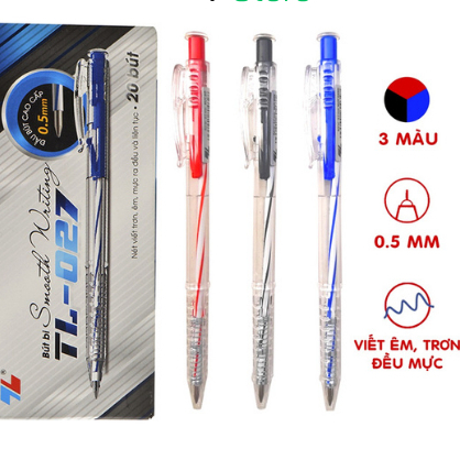 Xả Kho. Hộp 20 Chiếc Bút Bi Thiên Long TL-027. Bút Viết Êm Với Đầu Ngòi Nhỏ 0.5mm, Mực Ra Đều Với 2 Màu Xanh Và Đen