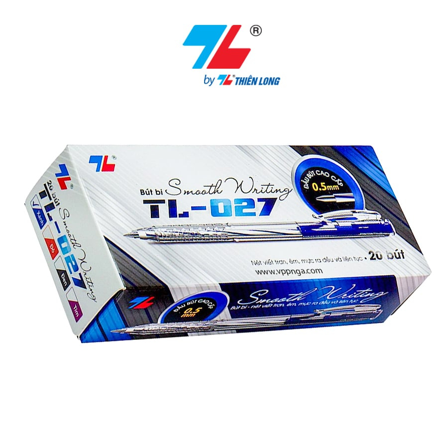 Xả Kho. Hộp 20 Chiếc Bút Bi Thiên Long TL-027. Bút Viết Êm Với Đầu Ngòi Nhỏ 0.5mm, Mực Ra Đều Với 2 Màu Xanh Và Đen