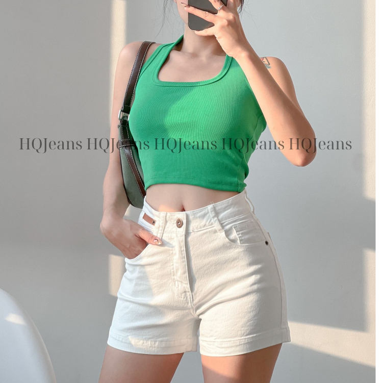 Quần đùi short jeans trắng lưng siêu cao tôn dáng co giãn 4 chiều ôm eo thoải mái mẫu thiết kế HQJeans HQ101