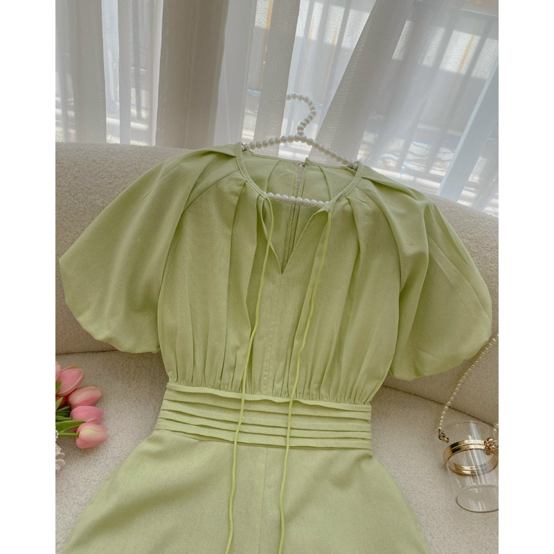 JUNPSUIT TAY BỒNG CỔ V LINEN 2 LỚP XANH BƠ XDGIMI (Kèm ảnh thật)