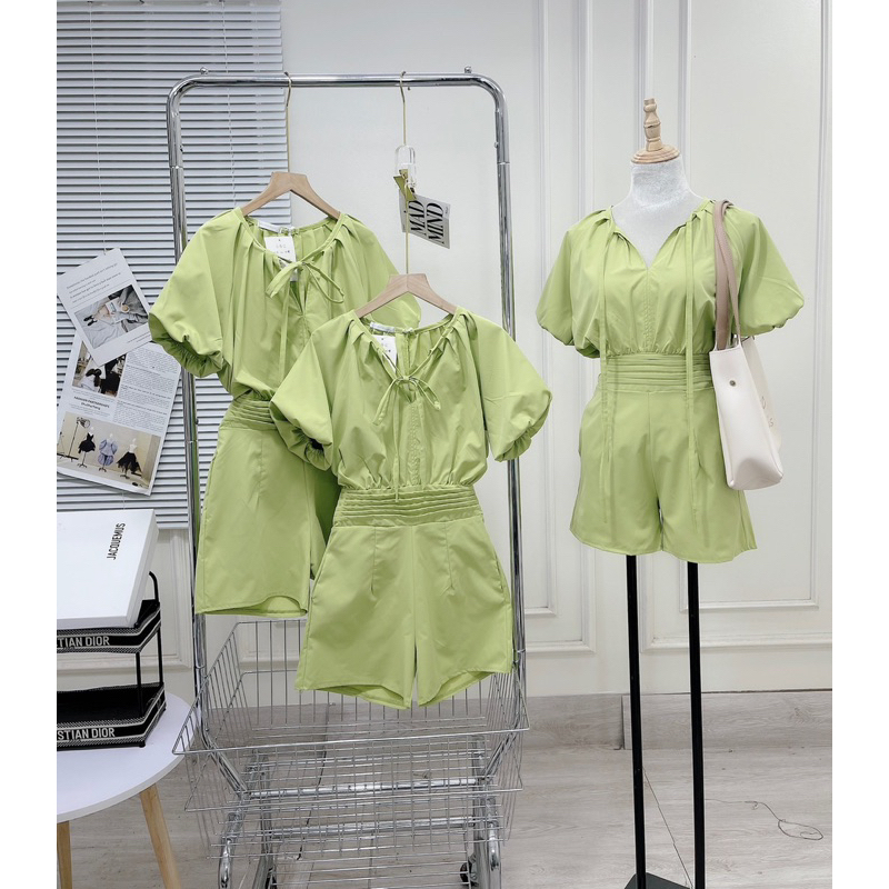 JUNPSUIT TAY BỒNG CỔ V LINEN 2 LỚP XANH BƠ XDGIMI (Kèm ảnh thật)