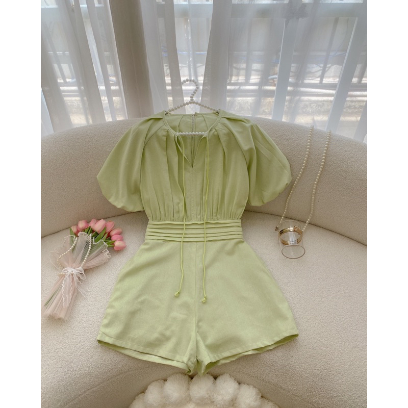 JUNPSUIT TAY BỒNG CỔ V LINEN 2 LỚP XANH BƠ XDGIMI (Kèm ảnh thật)