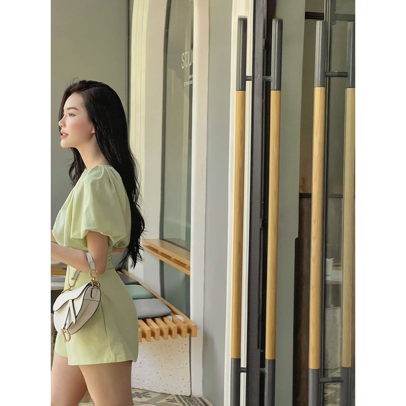 JUNPSUIT TAY BỒNG CỔ V LINEN 2 LỚP XANH BƠ XDGIMI (Kèm ảnh thật)