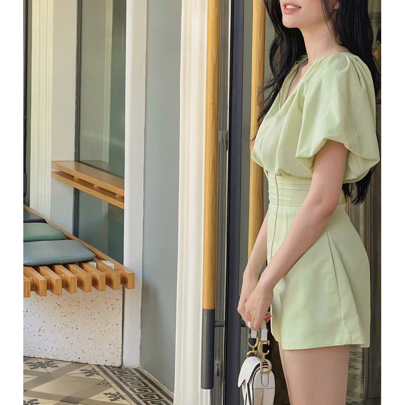 JUNPSUIT TAY BỒNG CỔ V LINEN 2 LỚP XANH BƠ XDGIMI (Kèm ảnh thật)