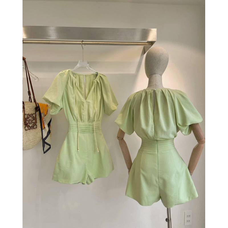 JUNPSUIT TAY BỒNG CỔ V LINEN 2 LỚP XANH BƠ XDGIMI (Kèm ảnh thật)