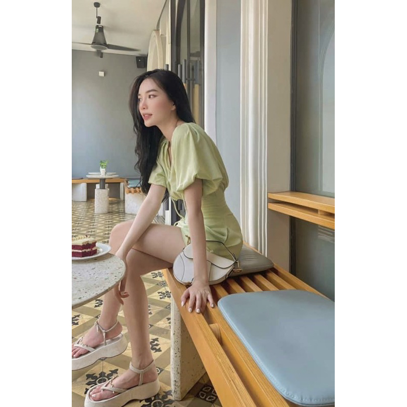 JUNPSUIT TAY BỒNG CỔ V LINEN 2 LỚP XANH BƠ XDGIMI (Kèm ảnh thật)