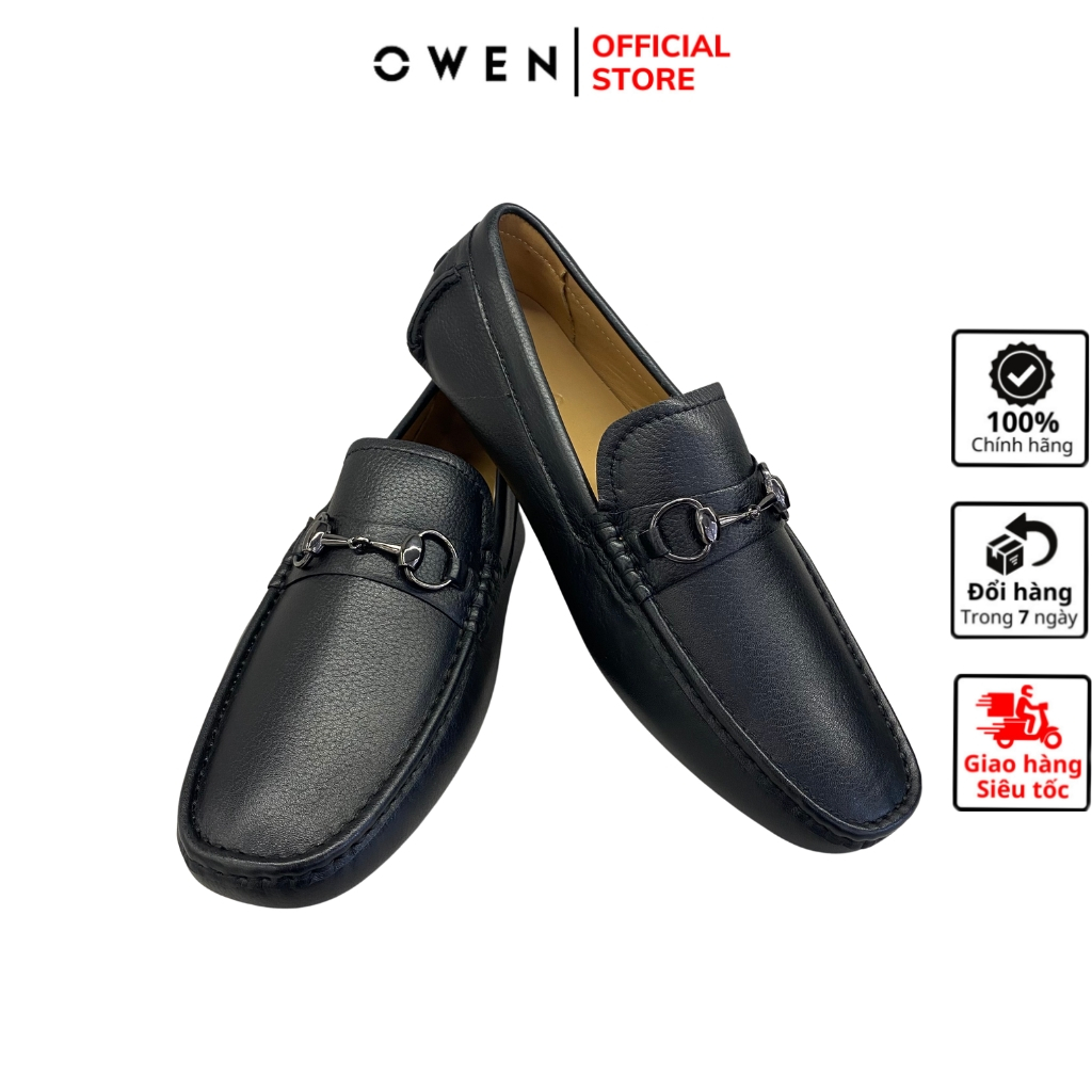 Giày tây nam da thật nhập khẩu cao cấp OWEN thiết kế kiểu giày lười Moccasin đế âm màu đen đế cao su nguyên khối