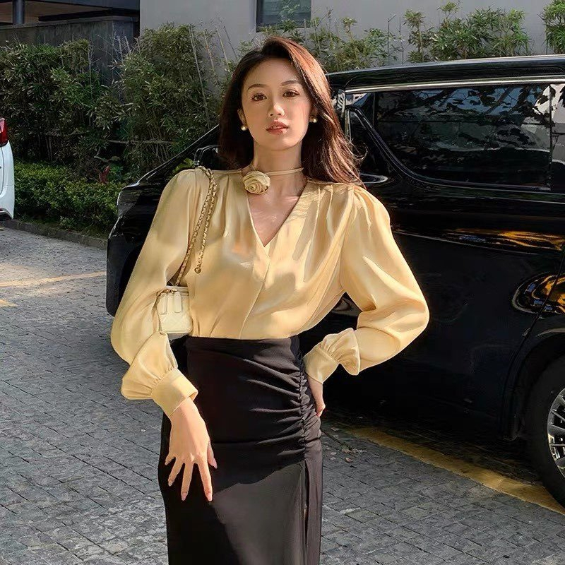 B1061- Áo sơ mi nữ lụa tằm ướt phối nơ hoa