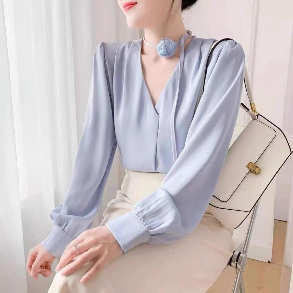 B1061- Áo sơ mi nữ lụa tằm ướt phối nơ hoa