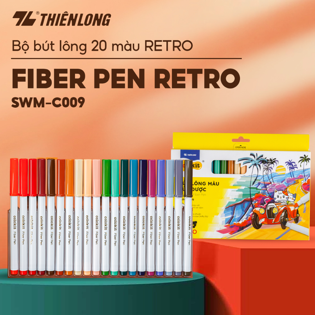 Bút lông màu Fiber Pen 20 màu Retro Thiên Long Colokit rửa được ngòi chóp viết nét thanh nét đậm SWM-C009