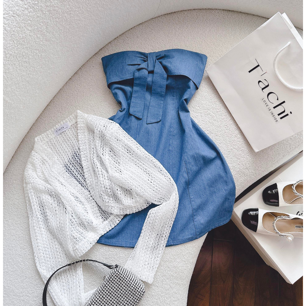 SET ĐẦM ỐNG JEAN NƠ NGỰC KÈM KHOÁC CROP TRẮNG