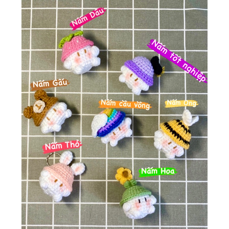 Móc khoá bé nấm mini bằng len