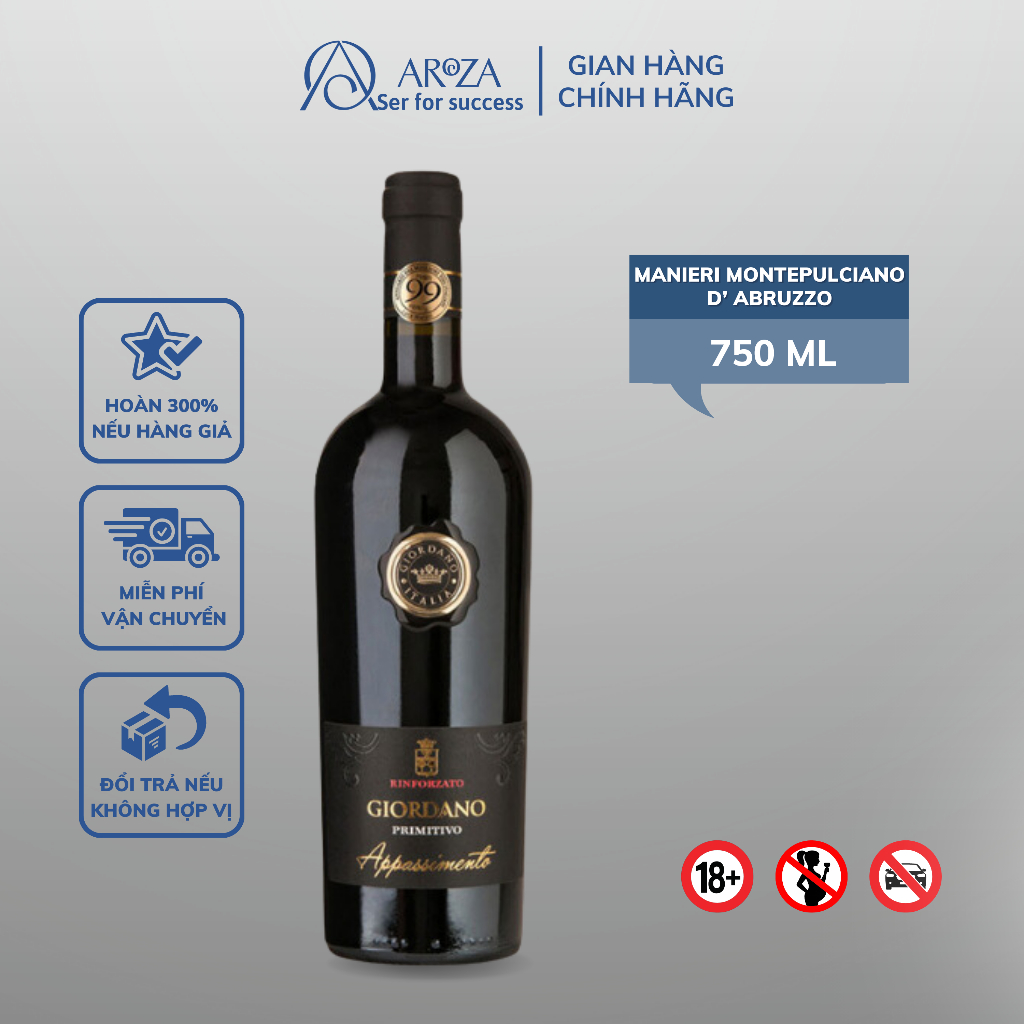 Rượu Vang Đỏ Red Wine Rượu Vang Ý Giordano Appassimento Primitivo 99 AROZA 750ml 15%
