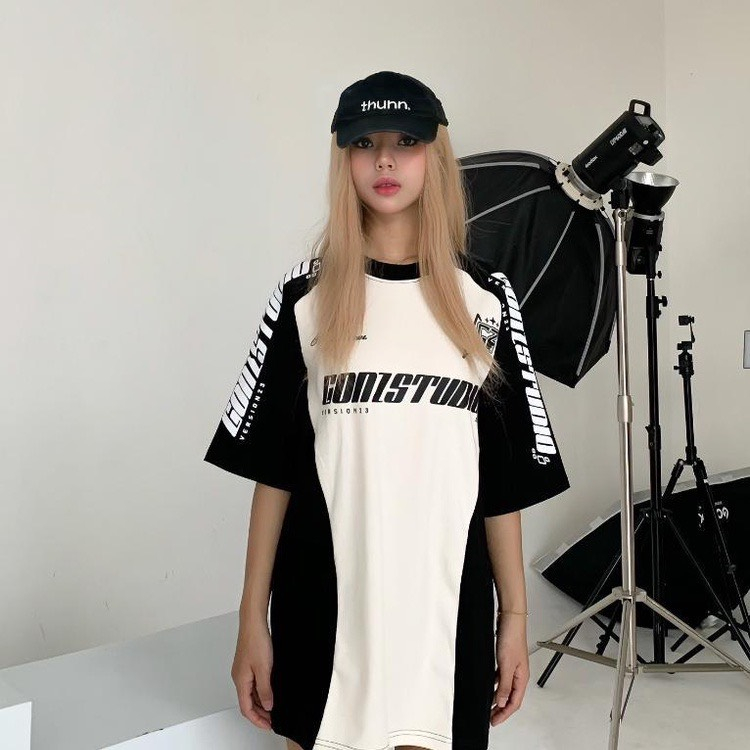 Áo thun gonzstudoi  From Rộng Màu Trắng Phối Tay Đen Phong Cách năng động