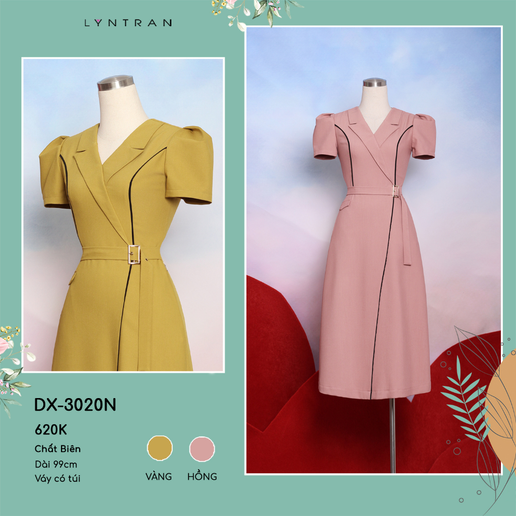 Váy xòe LYN TRAN DX-3020N cổ vest may lé Chất Biên Mềm Mịn Trơn Sóng