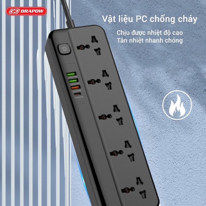 Ổ Cắm Điện Đa Năng SK29 Chính Hãng Drapow 10 Ổ Cắm Điện 220v + 5 Cổng Usb A + 1 Cổng Type C Sạc nNhanh PD