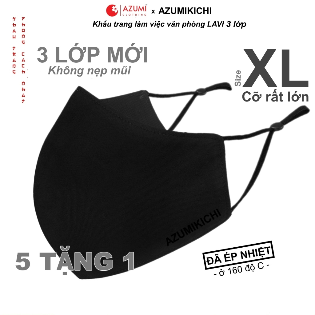 Khẩu trang vải cotton 5 tặng 1 màu đen Lavi 3 lớp không nẹp mũi Azumikichi có sẵn nút điều chỉnh dây đeo tiện lợi - E1XL