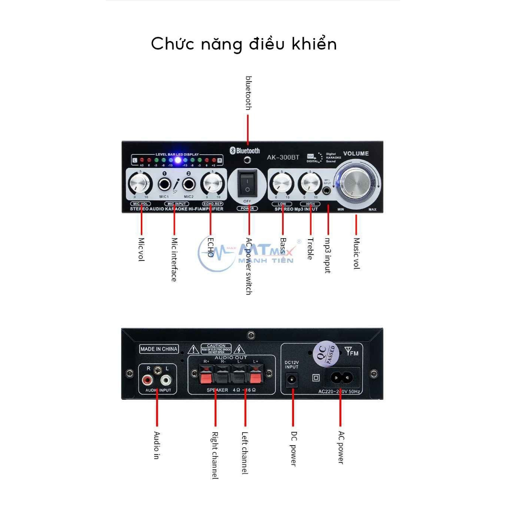 Amply mini AK300BT Bộ Khuếch Đại Công Suất Âm Thanh 200W, Đầu Vào 2 Mic BT 5.0 Bộ Thu Âm Thanh Kỹ Thuật Số Karaoke Hi-Fi