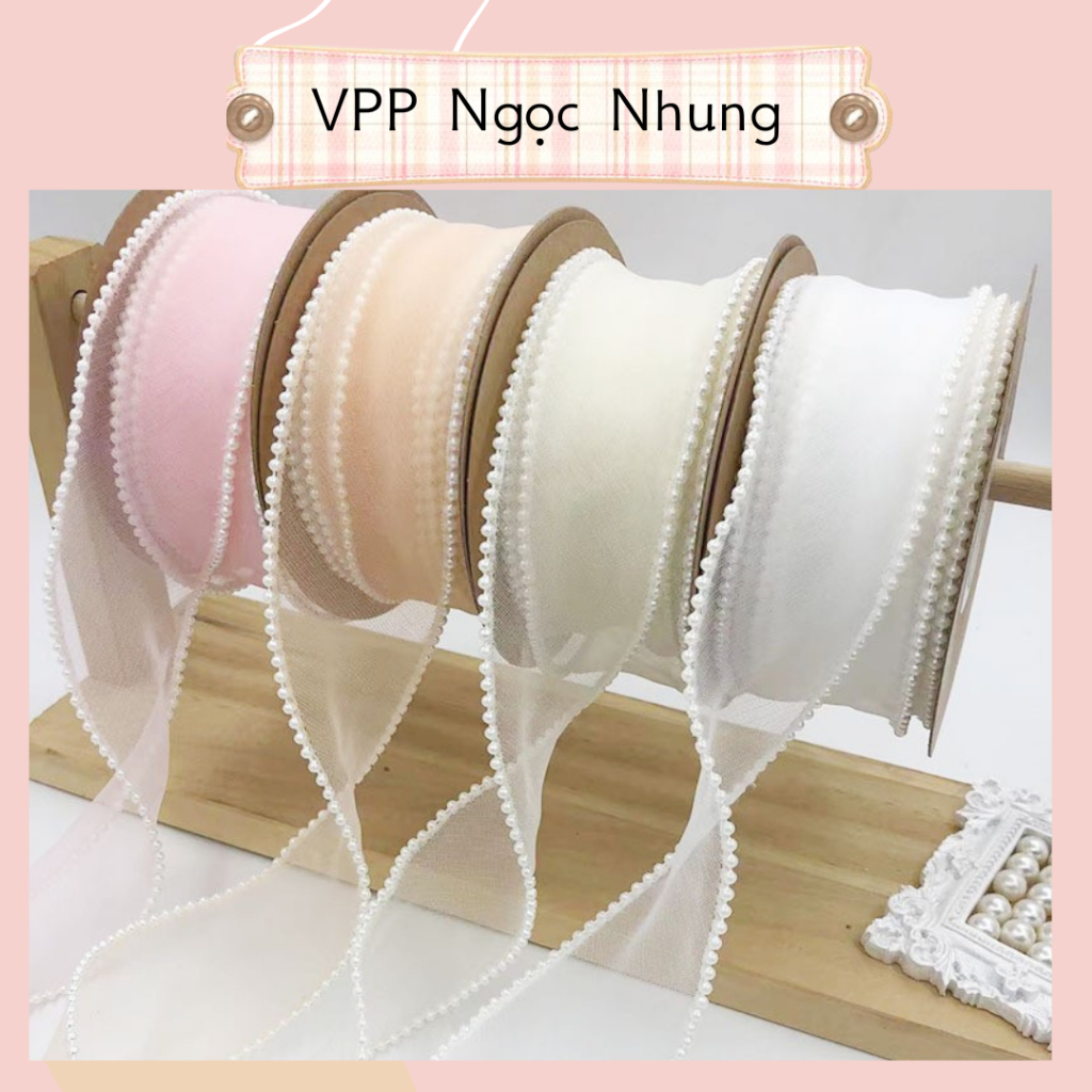 Ruy băng lụa voan ❤️kim tuyến ❤️viền ngọc sang chảnh 4 cm