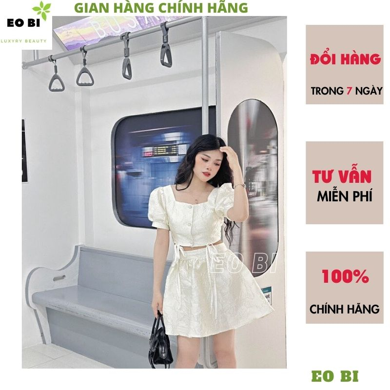 Set áo gấm croptop tay lỡ buộc nơ mix chân váy xòe bồng, Áo crt tay bồng kèm chân váy xếp ly trẻ trung điệu đà - EOBI