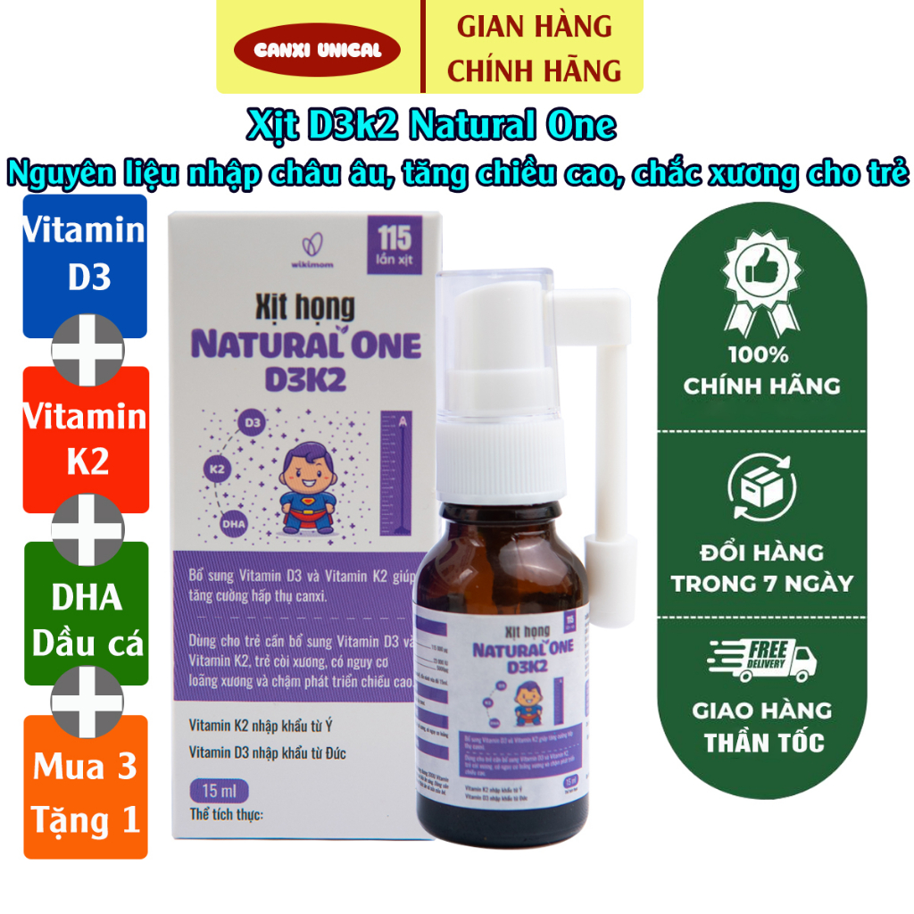 Xịt Vitamin D3K2 Natural one DeKaBON 15ml - Bổ sung vitamin d3, vitamin k2 giúp hấp thu canxi cho bé - CANXIUNICAL