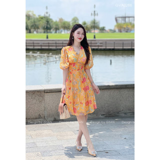 Váy đi biển dáng xòe họa tiết hoa tay bồng thiết kế nhún eo cách điệu thương hiệu Giian - VA0288