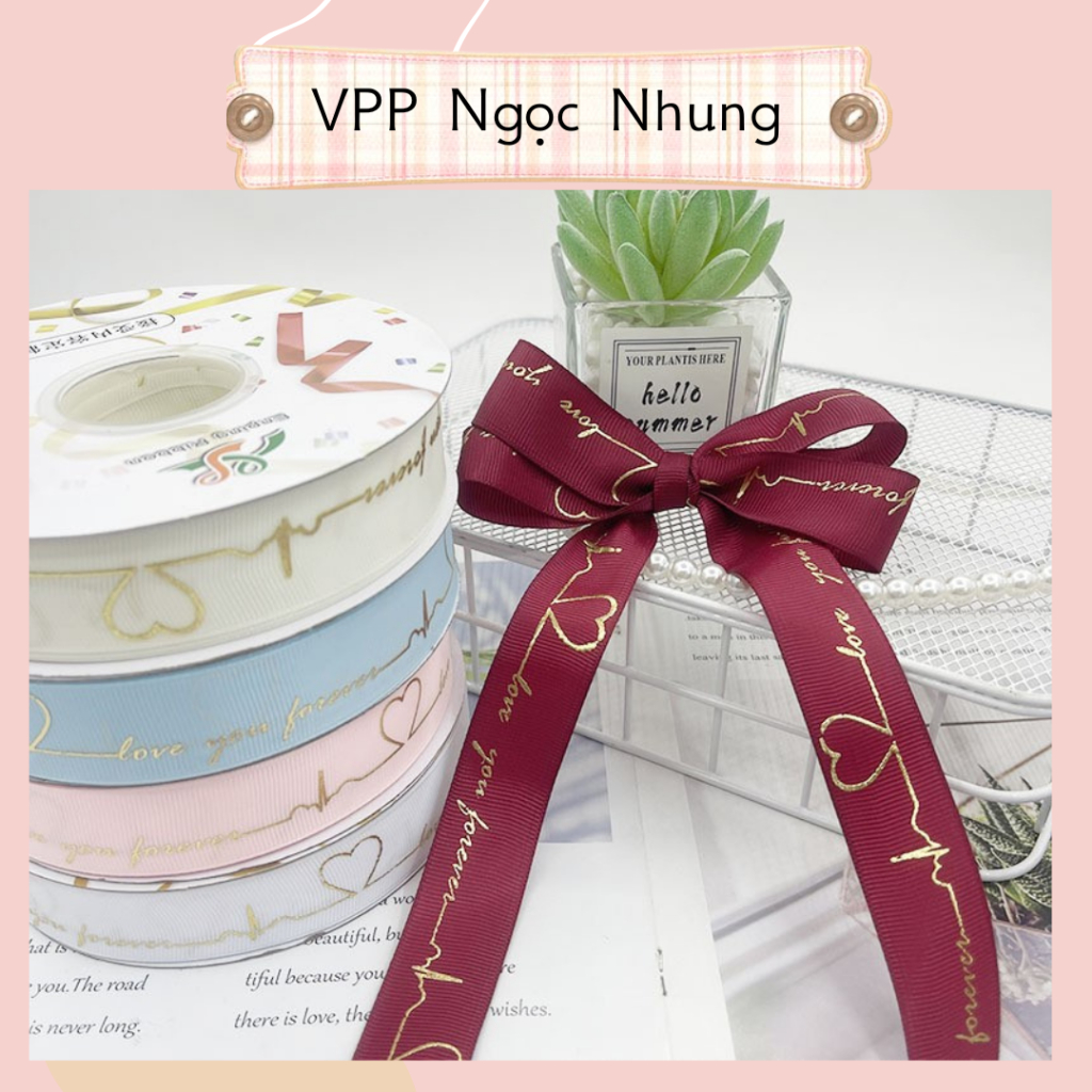 Ruy băng gân ❤️ Love you forever ❤️ nhịp tim 2,5 cm tone màu pastel siêu cute