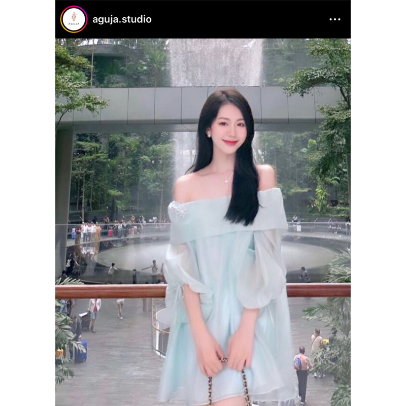Đầm xanh trễ vai aguja