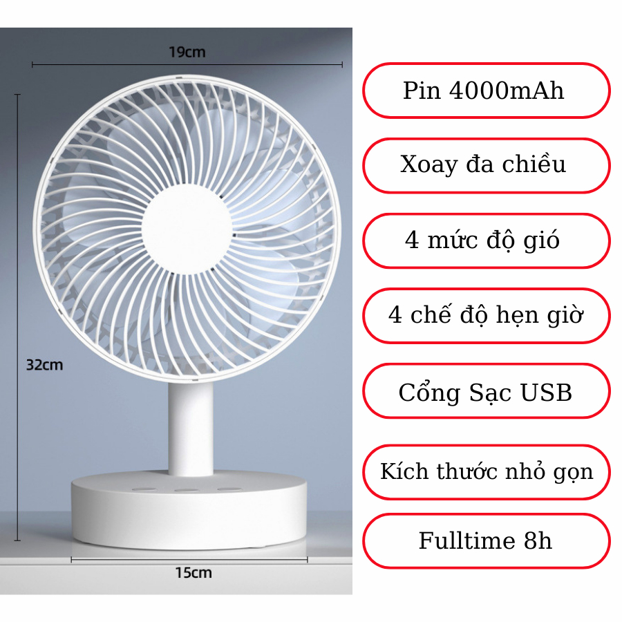 Quạt Tích Điện Để Bàn 12h Dung Lượng Pin 4000mAh 4 Chế Độ Gió