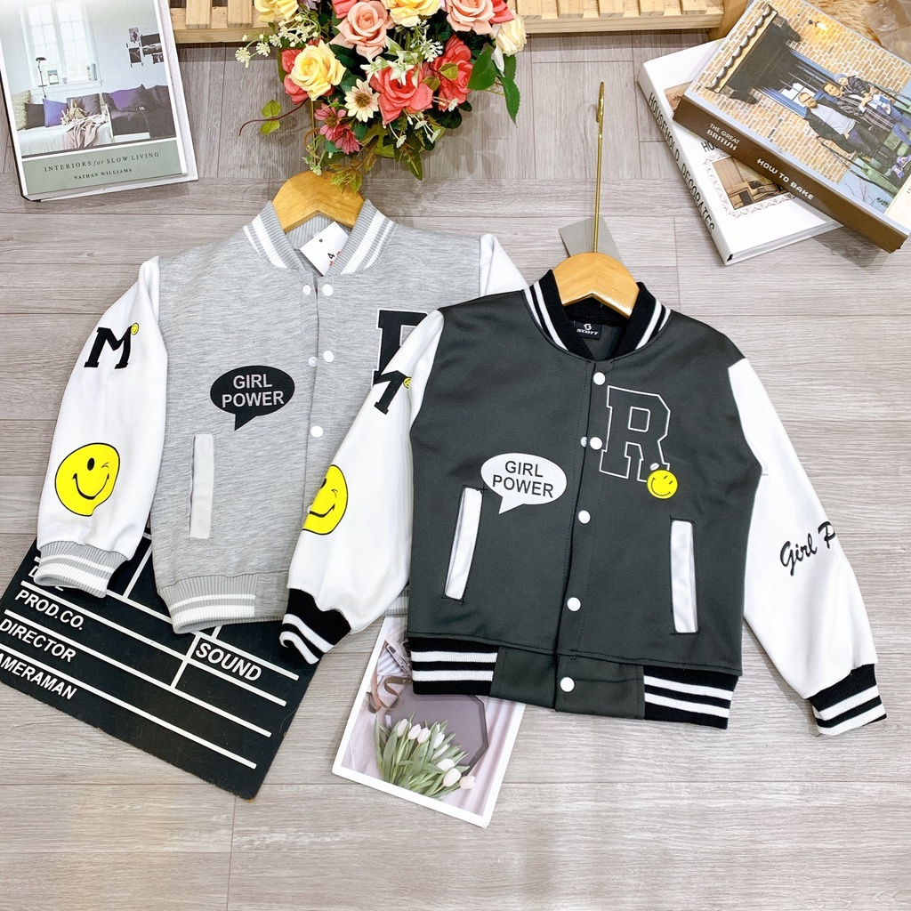 Áo bomber bé gái 14-45kg, áo khoác bé gái 4-15 tuổi mẫu chữ R chất nỉ cao cấp sang trọng cute, hàng may kĩ.BOMBERNUS68