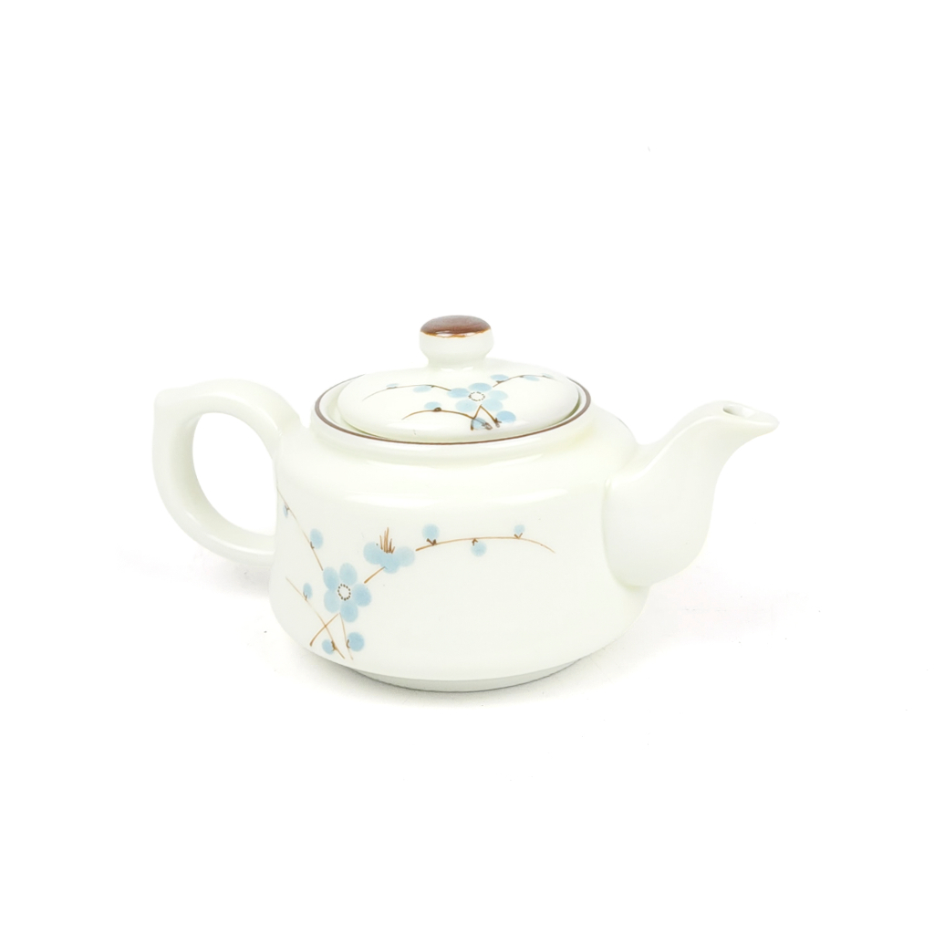 Bộ Ấm Trà Gốm Sứ Bát Tràng Linh Khang Men Kem Dáng Vuông Hoạ Tiết Đào Xanh Vẽ Tay Cao Cấp