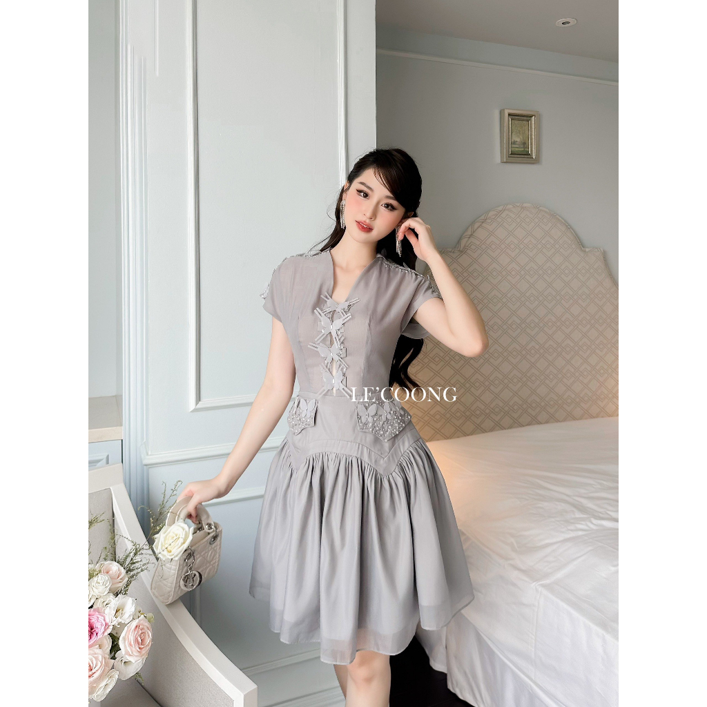 Đầm Dự Tiệc Dáng Ngắn Chất Tơ LECOONG V402 Váy Đẹp Đính Đá Thủ Công Màu Xám Ghi Sang Chảnh