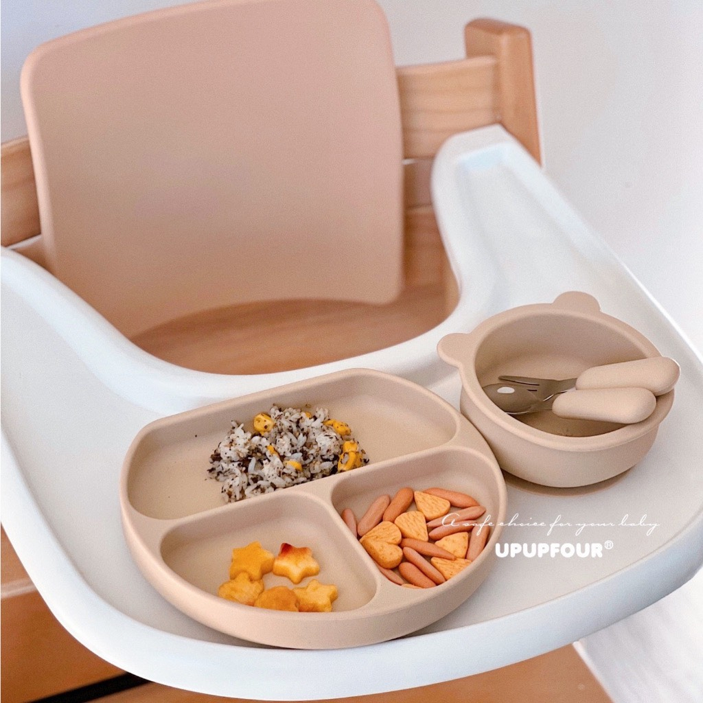 Set Bát Gấu Silicon Và Set Thìa Dĩa Inox 316  Cho Bé Tập Ăn Dặm