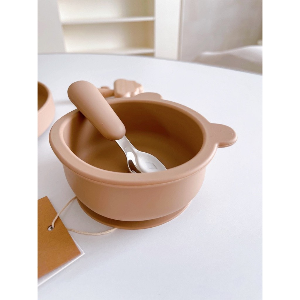 Set Bát Gấu Silicon Và Set Thìa Dĩa Inox 316  Cho Bé Tập Ăn Dặm