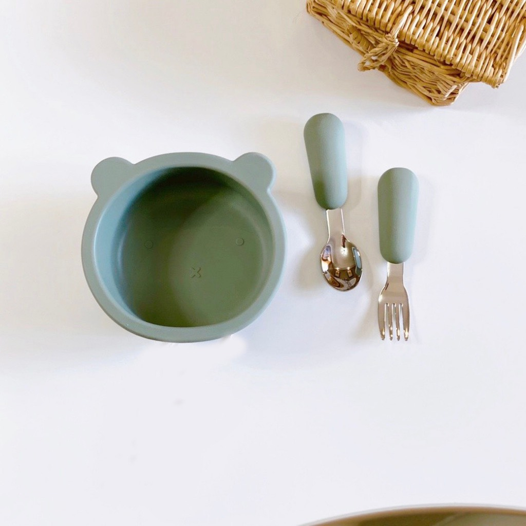 Set Bát Gấu Silicon Và Set Thìa Dĩa Inox 316  Cho Bé Tập Ăn Dặm