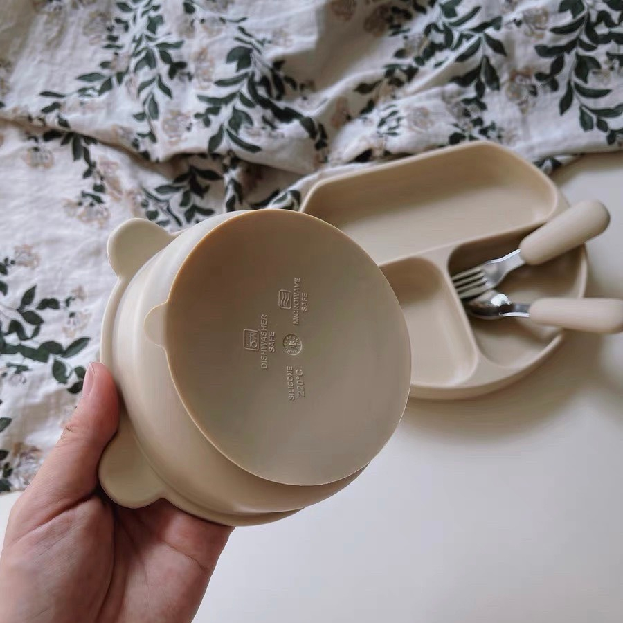 Set Bát Gấu Silicon Và Set Thìa Dĩa Inox 316  Cho Bé Tập Ăn Dặm