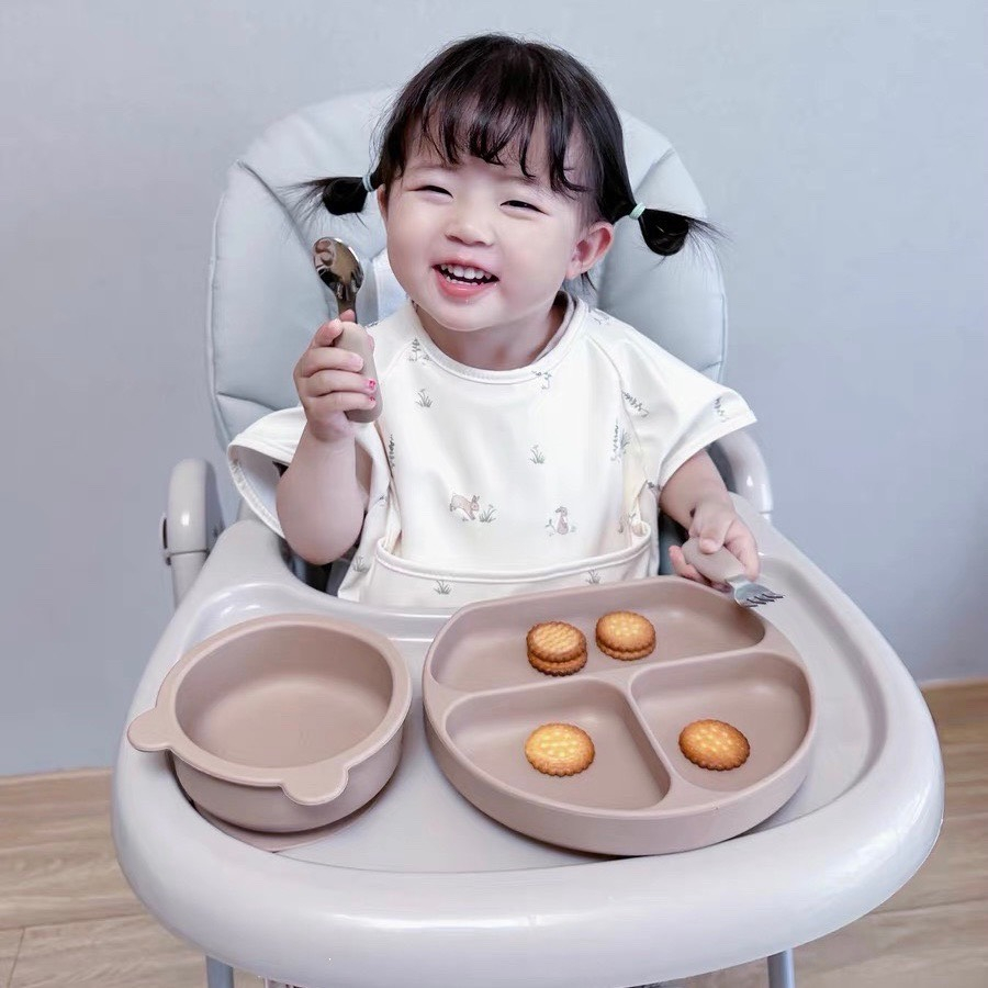 Set Bát Gấu Silicon Và Set Thìa Dĩa Inox 316  Cho Bé Tập Ăn Dặm