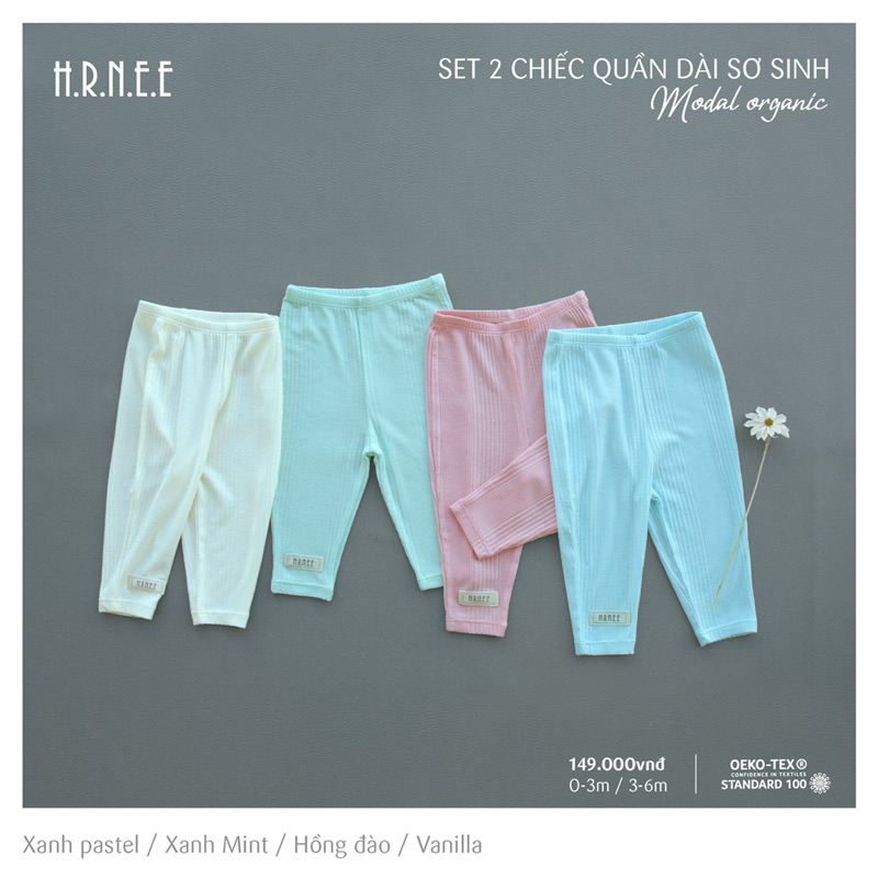 Set 2 quần sơ sinh Hrnee modal organic cho bé (0-3m, 3-6m)